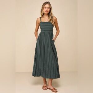 Lulus Feeling the Best Green Striped Tie-Back Midi Dress with Pockets